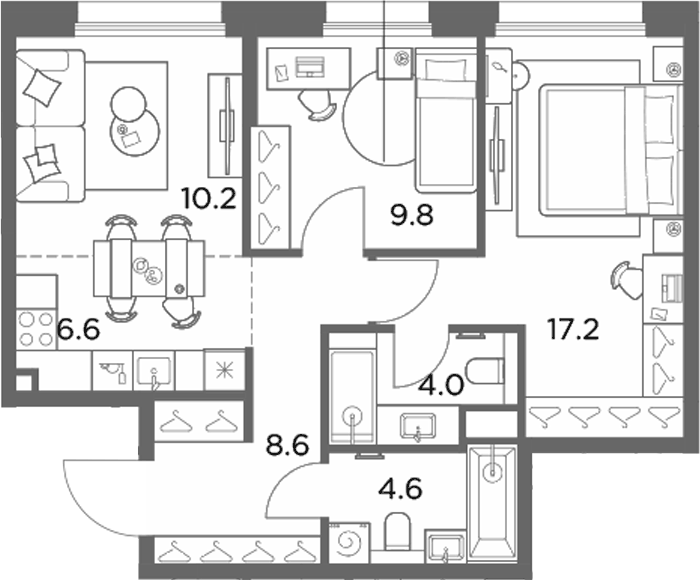 Планировка евротрёшка (3Е) 61 м² в ЖК «Станиславский», корпус 2.3