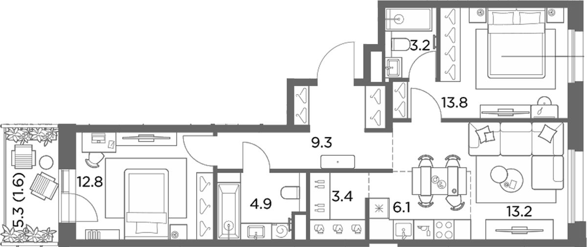 Планировка евротрёшка (3Е) 68.3 м² в ЖК «Станиславский», корпус 2.3