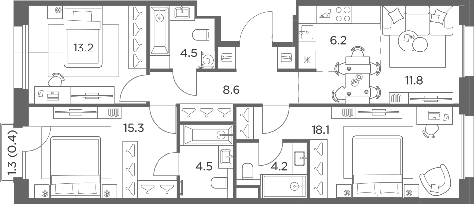 Планировка евро-4 (4Е) 86.8 м² в ЖК «Станиславский», корпус 1.1