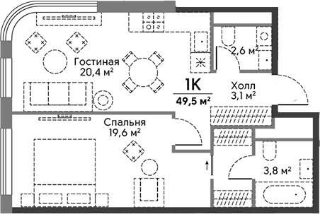 Планировка однокомнатная 49.5 м² в ЖК «Сторис на Мосфильмовской», корпус Башня Истории