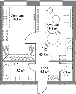 Планировка евродвушка (2Е) 46.1 м² в ЖК «Сторис на Мосфильмовской», корпус Дом с террасами