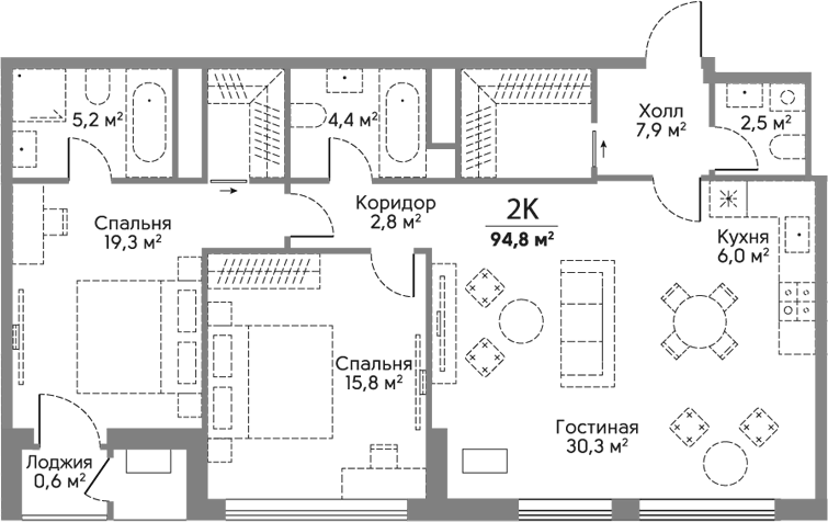 Планировка двухкомнатная 94.8 м² в ЖК «Сторис на Мосфильмовской», корпус Башня Истории