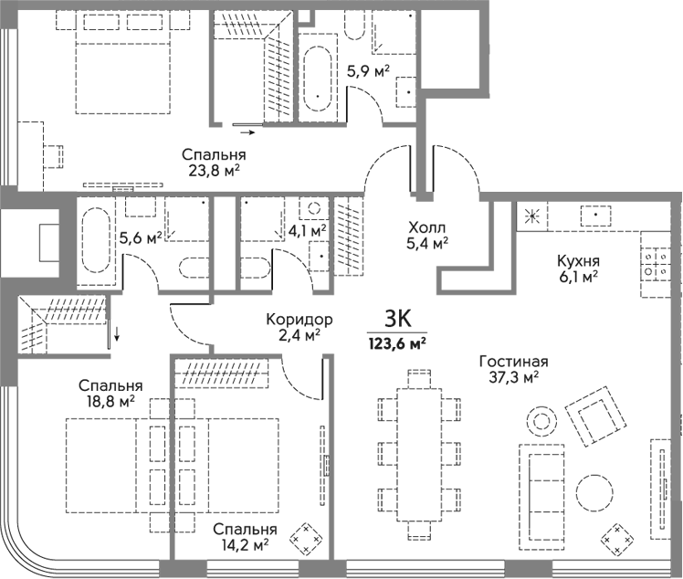 Планировка евро-4 (4Е) 123.6 м² в ЖК «Сторис на Мосфильмовской», корпус Башня Истории