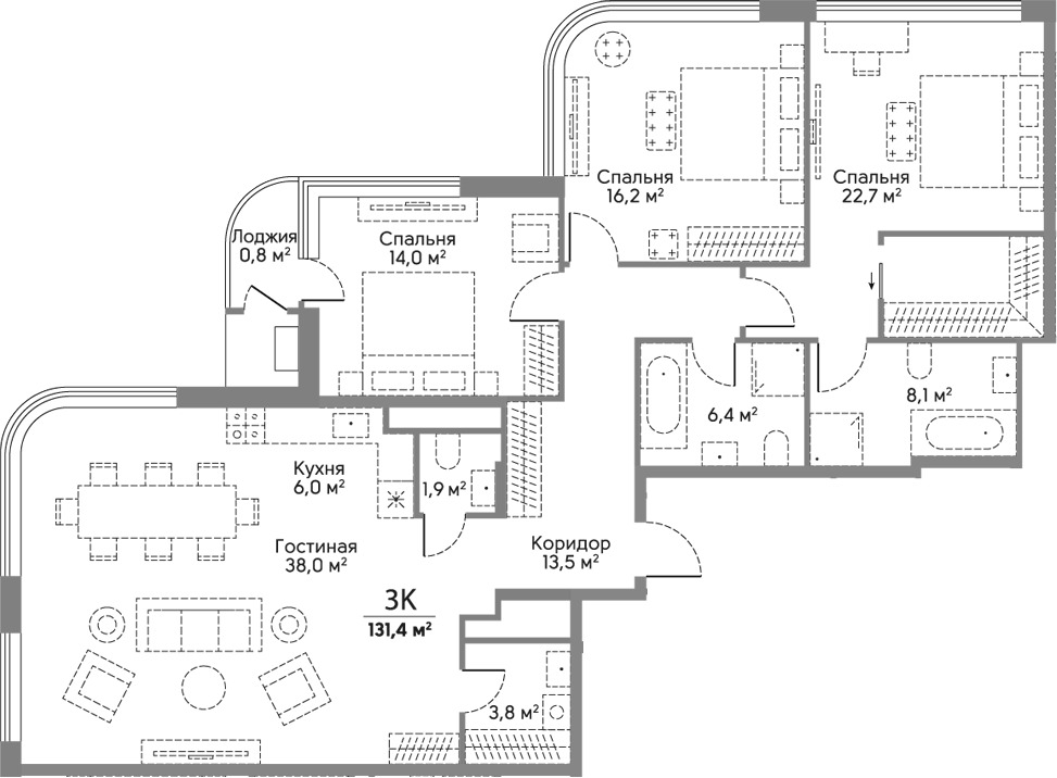 Планировка евро-4 (4Е) 131.4 м² в ЖК «Сторис на Мосфильмовской», корпус Башня Истории