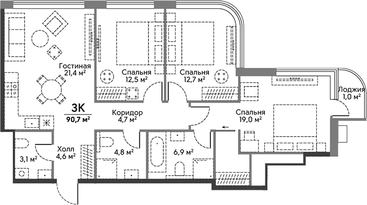 Планировка евро-4 (4Е) 90.7 м² в ЖК «Сторис на Мосфильмовской», корпус Башня Истории