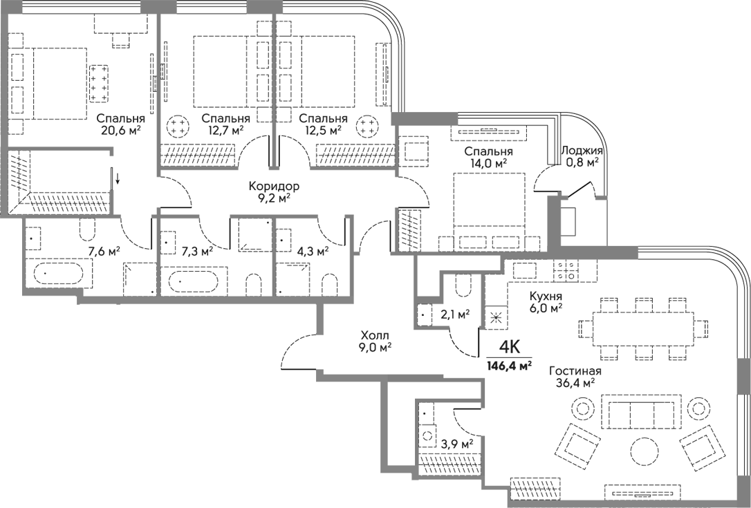 Планировка четырёхкомнатная 146.4 м² в ЖК «Сторис на Мосфильмовской», корпус Башня Истории
