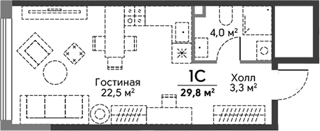 Планировка Студии 29.8 м² в ЖК «Сторис на Мосфильмовской», корпус Башня Истории