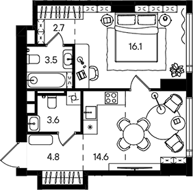 Планировка однокомнатная 45.3 м² в ЖК «СТОУН Блик», корпус Башня А