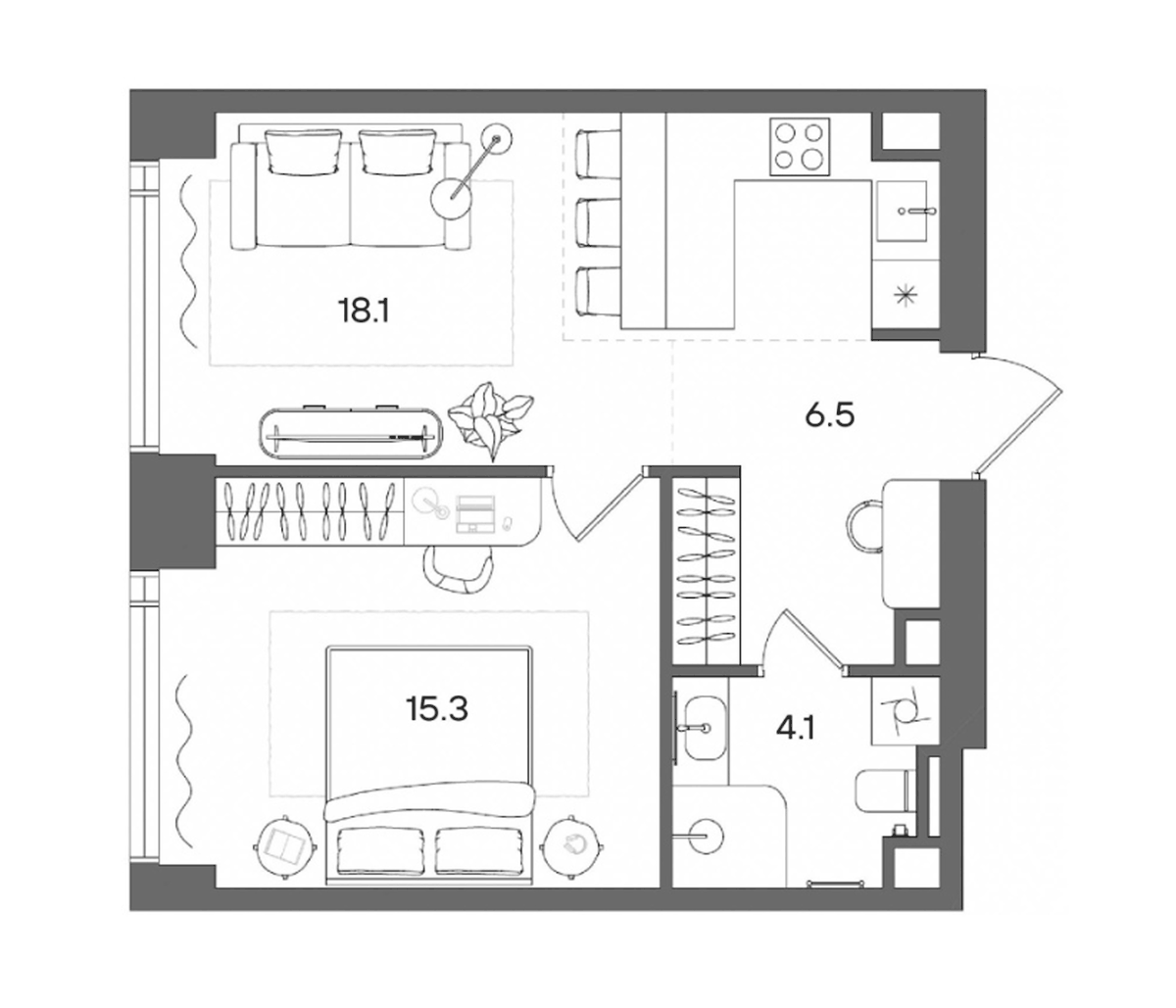 Планировка евродвушка (2Е) 44 м² в ЖК «СТОУН Блик», корпус Башня А