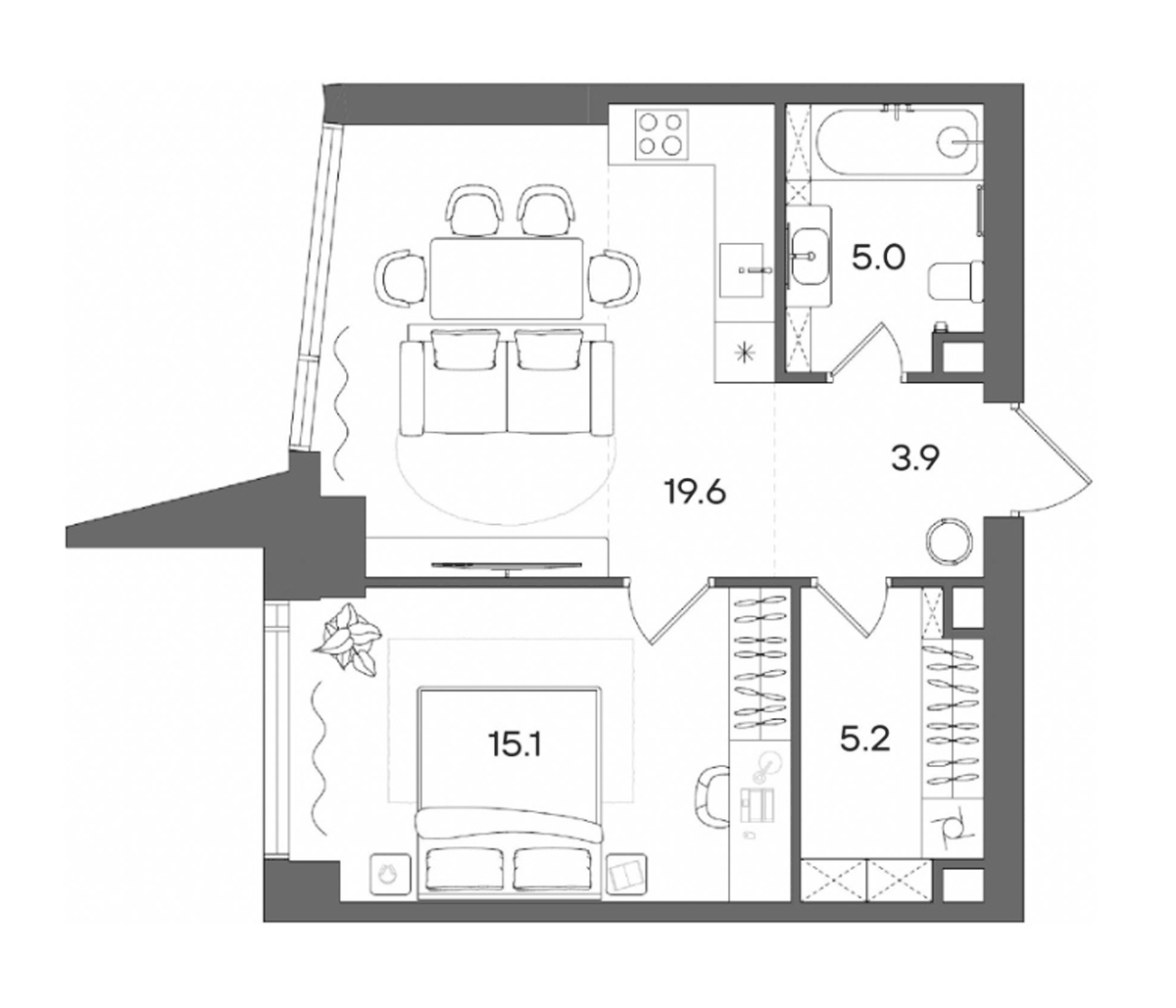 Планировка евродвушка (2Е) 48.8 м² в ЖК «СТОУН Блик», корпус Башня А
