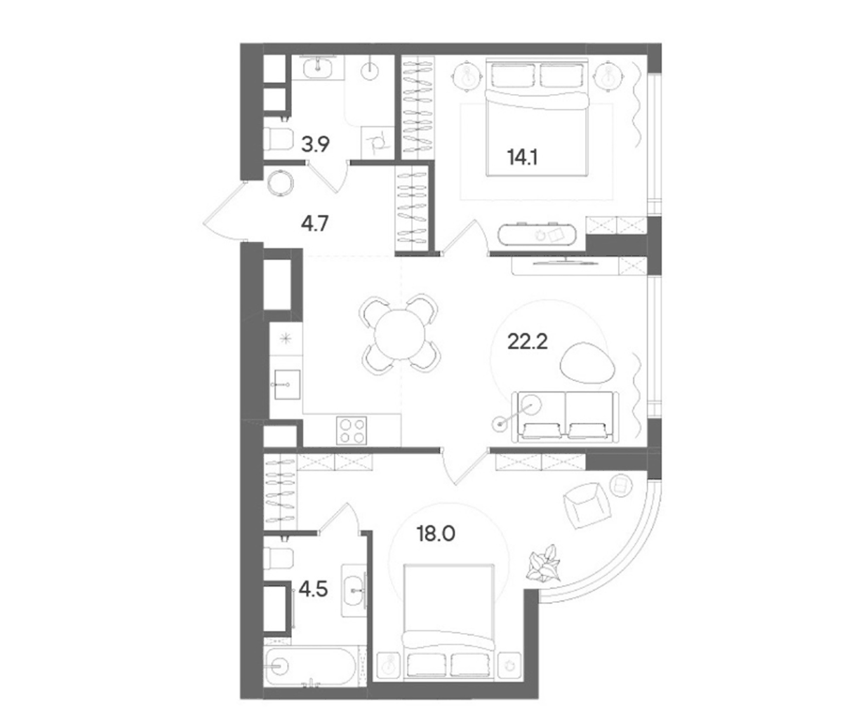 Планировка евротрёшка (3Е) 67.4 м² в ЖК «СТОУН Блик», корпус Башня А