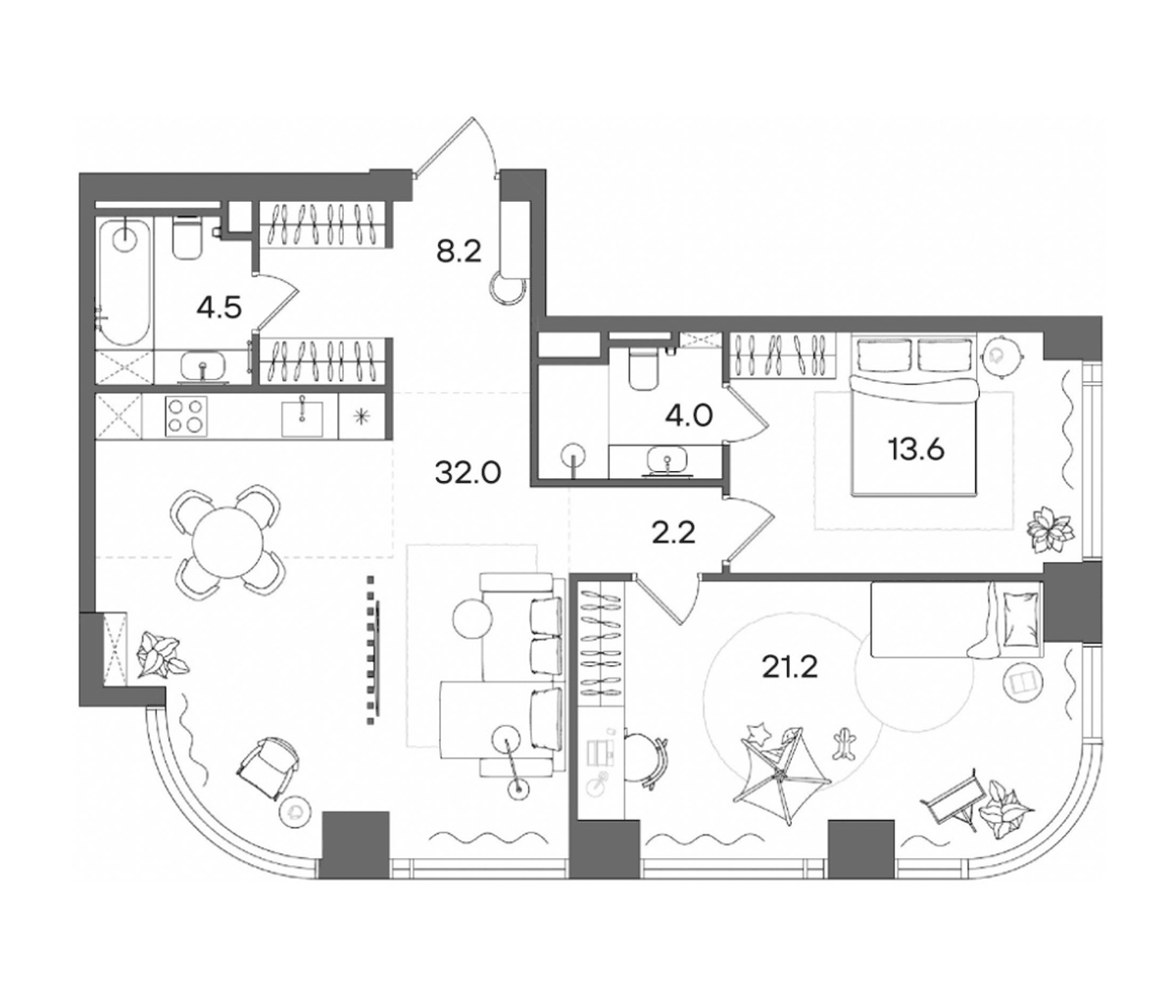Планировка евротрёшка (3Е) 85.7 м² в ЖК «СТОУН Блик», корпус Башня А