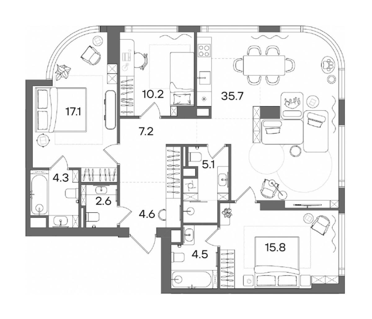 Планировка евро-4 (4Е) 107.1 м² в ЖК «СТОУН Блик», корпус Башня А