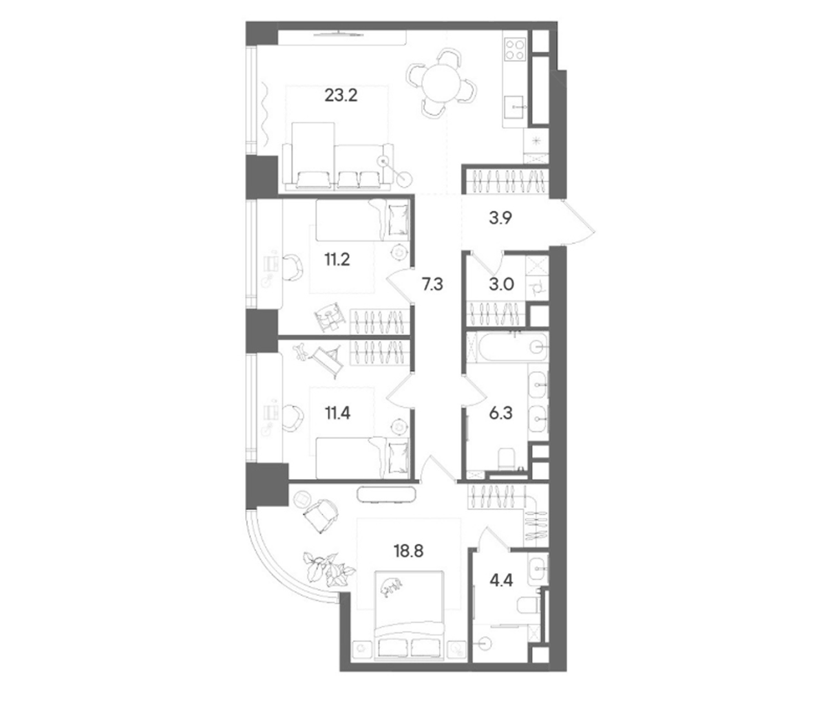 Планировка евро-4 (4Е) 90.3 м² в ЖК «СТОУН Блик», корпус Башня А