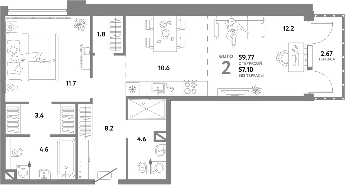 Планировка евродвушка (2Е) 62.77 м² в ЖК «Страна.Озерная», корпус Дом Байкал