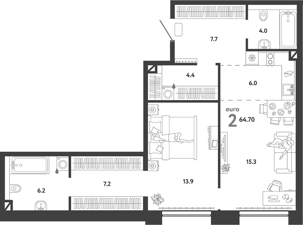 Планировка евродвушка (2Е) 64.7 м² в ЖК «Страна.Озерная», корпус Дом Байкал