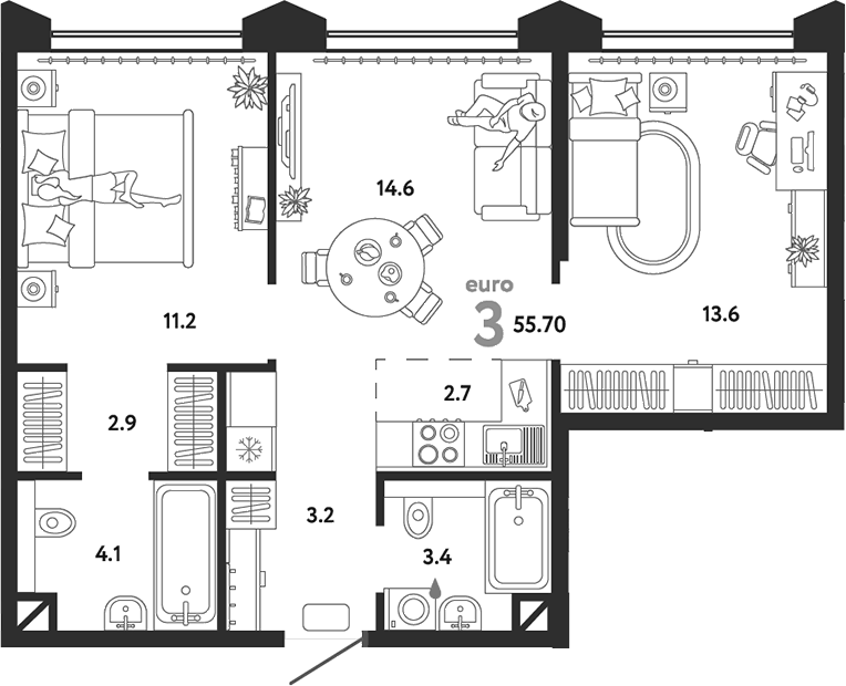Планировка евротрёшка (3Е) 55.7 м² в ЖК «Страна.Озерная», корпус Дом Байкал