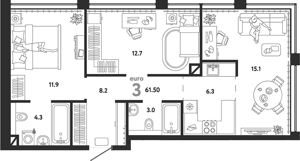 Планировка евротрёшка (3Е) 61.5 м² в ЖК «Страна.Озерная», корпус Дом Байкал