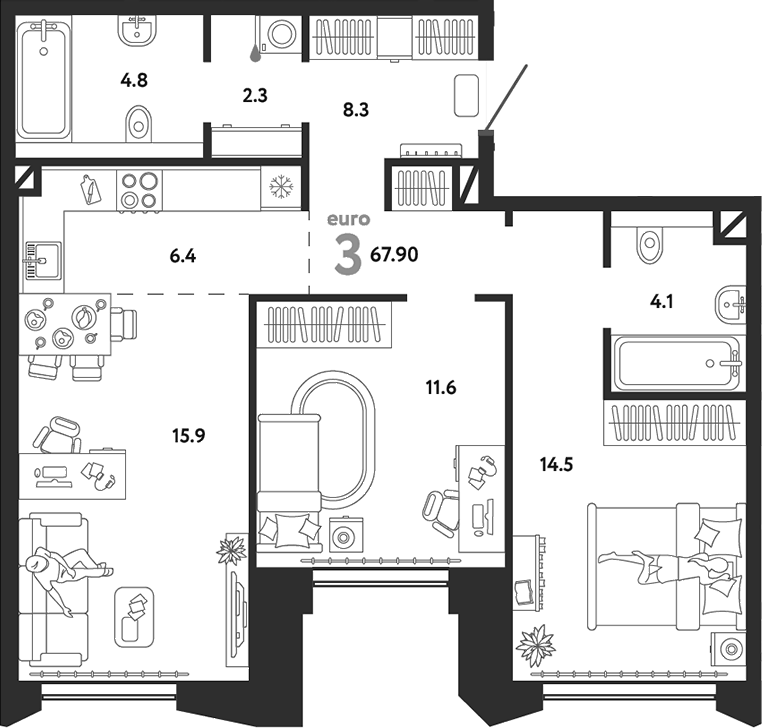 Планировка евротрёшка (3Е) 67.9 м² в ЖК «Страна.Озерная», корпус Дом Байкал
