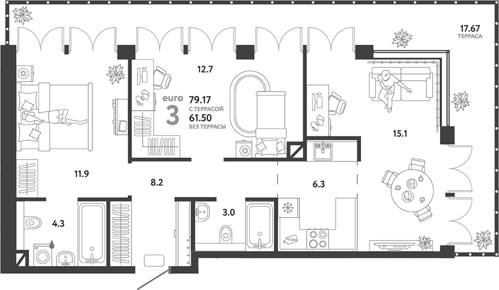 Планировка евротрёшка (3Е) 79.17 м² в ЖК «Страна.Озерная», корпус Дом Байкал