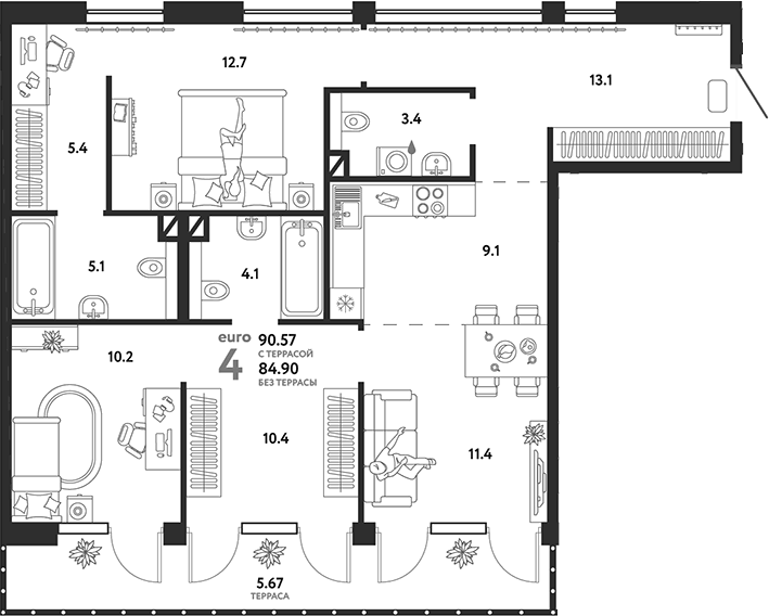 Планировка евро-4 (4Е) 90.57 м² в ЖК «Страна.Озерная», корпус Дом Байкал