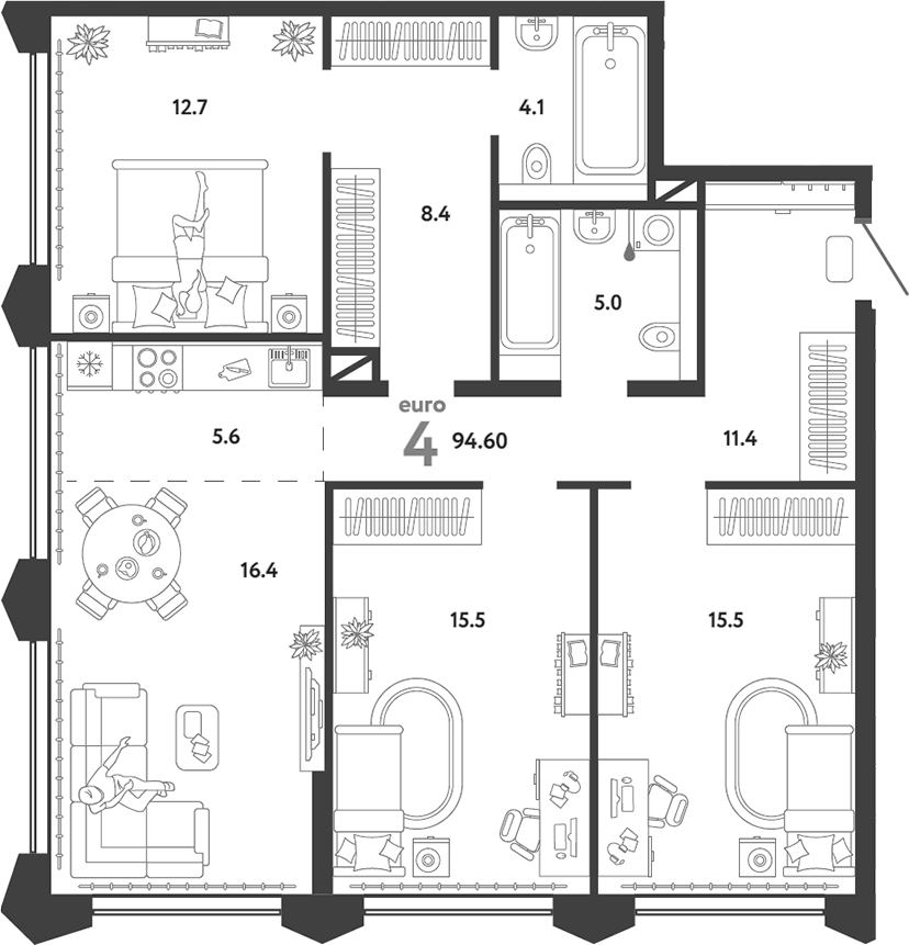 Планировка евро-4 (4Е) 94.6 м² в ЖК «Страна.Озерная», корпус Дом Байкал
