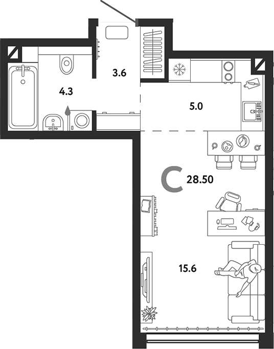 Планировка Студии 28.5 м² в ЖК «Страна.Озерная», корпус Дом Байкал