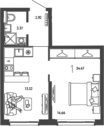 Планировка однокомнатная 34.47 м² в ЖК «Страна.Парковая», корпус Васнецов