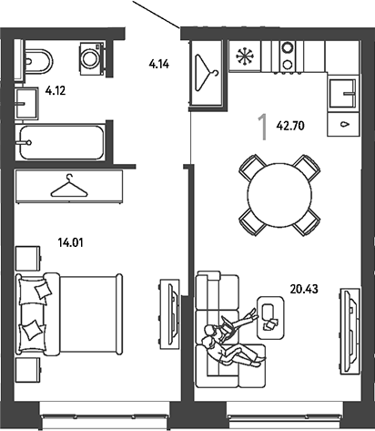 Планировка однокомнатная 42.7 м² в ЖК «Страна.Парковая», корпус Васнецов