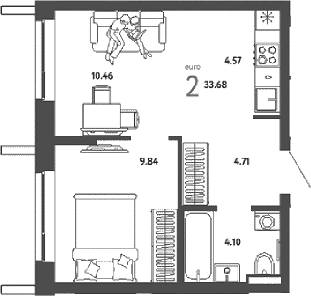 Планировка евродвушка (2Е) 33.68 м² в ЖК «Страна.Парковая», корпус Перов