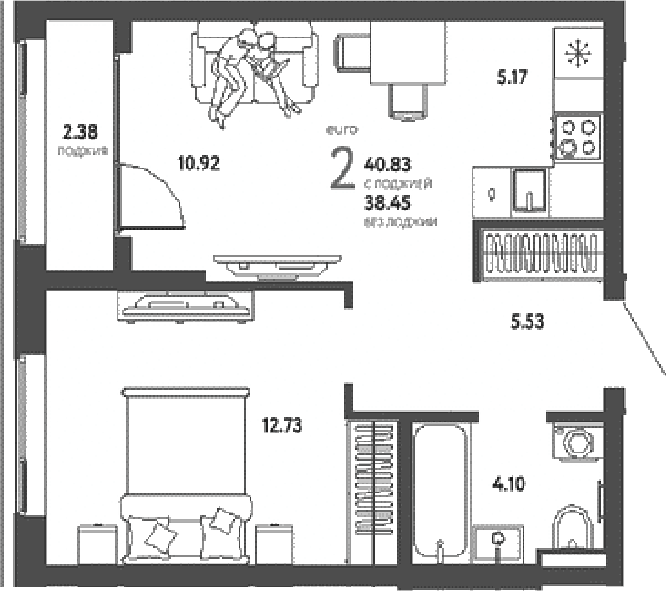 Планировка евродвушка (2Е) 40.83 м² в ЖК «Страна.Парковая», корпус Перов