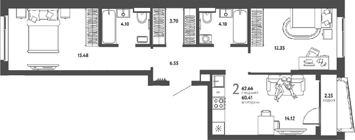 Планировка двухкомнатная 62.66 м² в ЖК «Страна.Парковая», корпус Перов