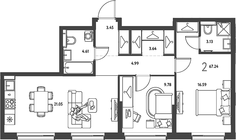 Планировка двухкомнатная 67.24 м² в ЖК «Страна.Парковая», корпус Васнецов