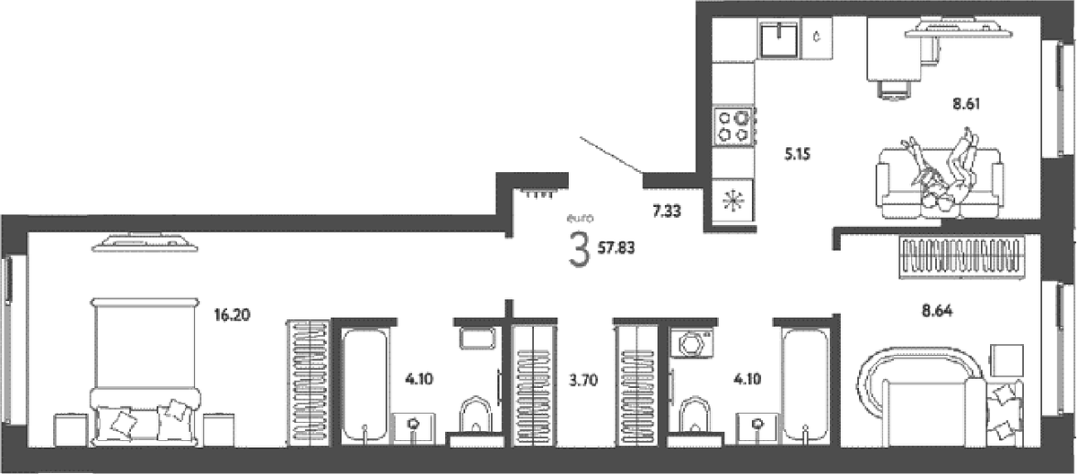 Планировка евротрёшка (3Е) 57.83 м² в ЖК «Страна.Парковая», корпус Перов
