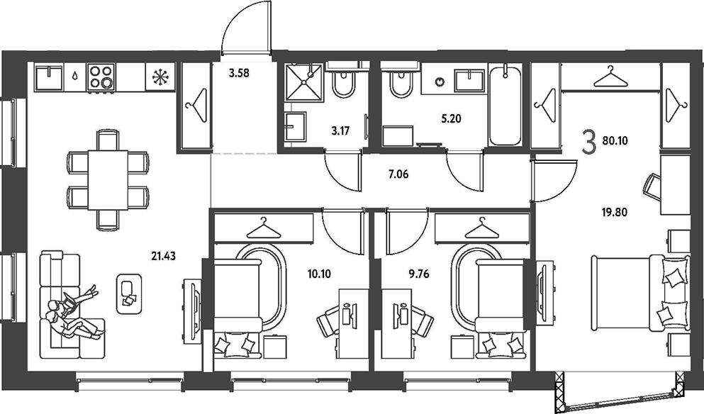 Планировка трёхкомнатная 80.1 м² в ЖК «Страна.Парковая», корпус Васнецов