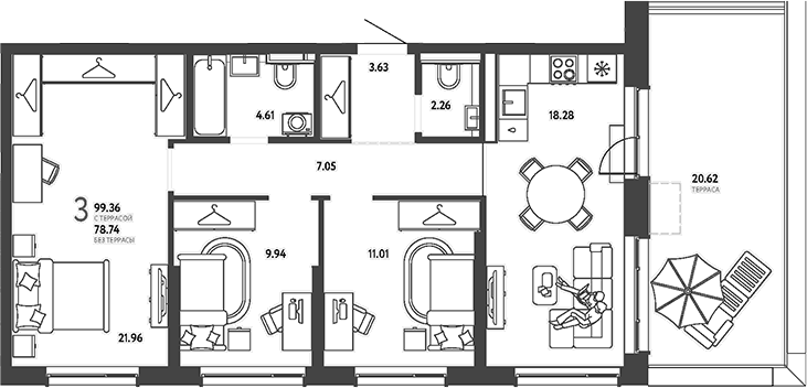 Планировка трёхкомнатная 99.36 м² в ЖК «Страна.Парковая», корпус Васнецов