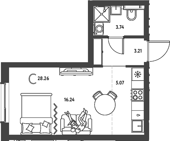 Планировка Студии 28.26 м² в ЖК «Страна.Парковая», корпус Васнецов