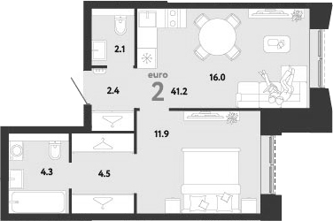 Планировка евродвушка (2Е) 41.2 м² в ЖК «Страна.Заречная», корпус Дом Стремление