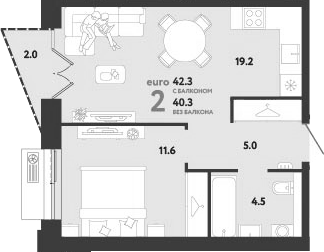 Планировка евродвушка (2Е) 42.3 м² в ЖК «Страна.Заречная», корпус Дом Стремление