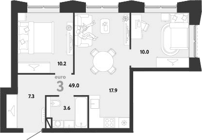 Планировка евротрёшка (3Е) 49 м² в ЖК «Страна.Заречная», корпус Дом Стремление