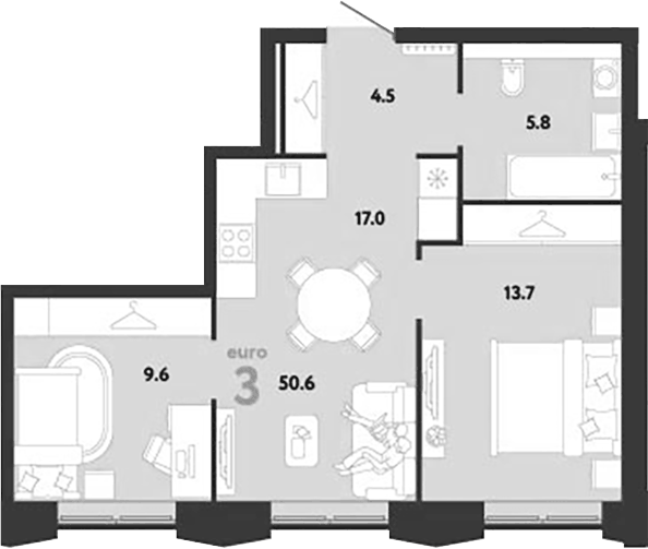 Планировка евротрёшка (3Е) 50.6 м² в ЖК «Страна.Заречная», корпус Дом Стремление