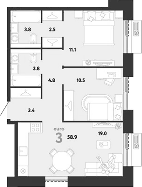 Планировка евротрёшка (3Е) 58.9 м² в ЖК «Страна.Заречная», корпус Дом Стремление