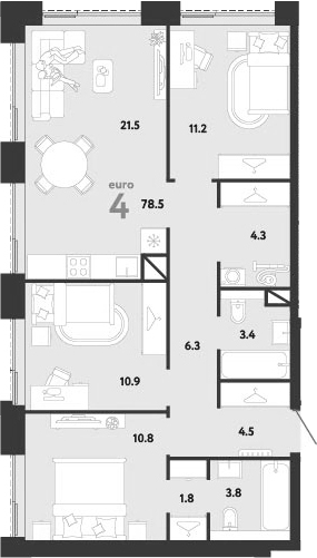 Планировка евро-4 (4Е) 78.5 м² в ЖК «Страна.Заречная», корпус Дом Стремление
