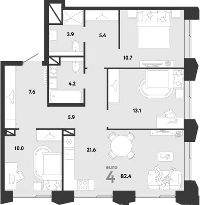 Планировка евро-4 (4Е) 82.4 м² в ЖК «Страна.Заречная», корпус Дом Стремление