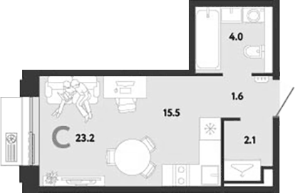 Планировка Студии 23.2 м² в ЖК «Страна.Заречная», корпус Дом Стремление