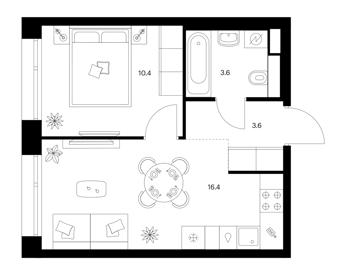 Планировка однокомнатная 34 м² в ЖК «Строгино 360», корпус 1.3