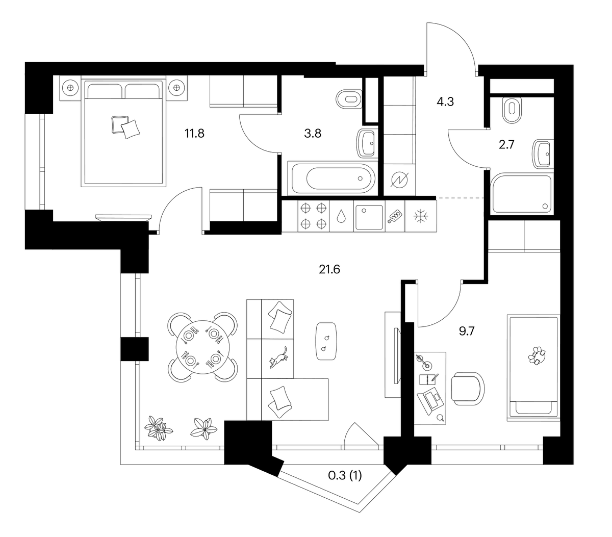 Планировка двухкомнатная 54.2 м² в ЖК «Строгино 360», корпус 1.3