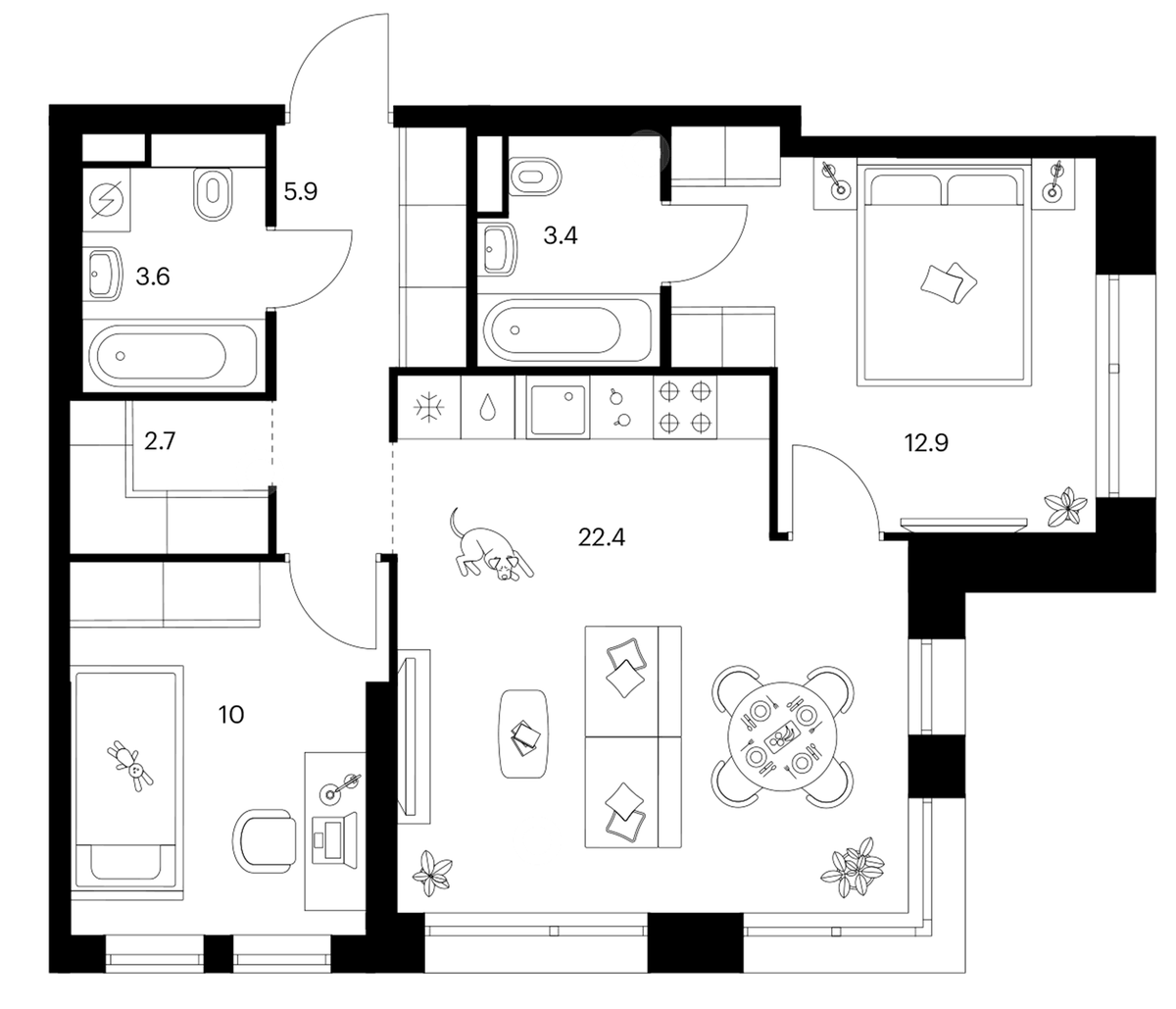 Планировка двухкомнатная 60.9 м² в ЖК «Строгино 360», корпус 1.2