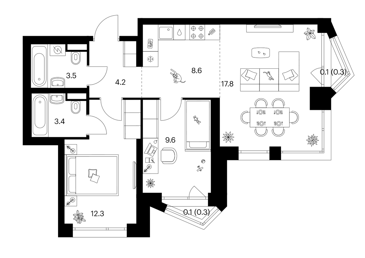 Планировка евротрёшка (3Е) 59.6 м² в ЖК «Строгино 360», корпус 1.3