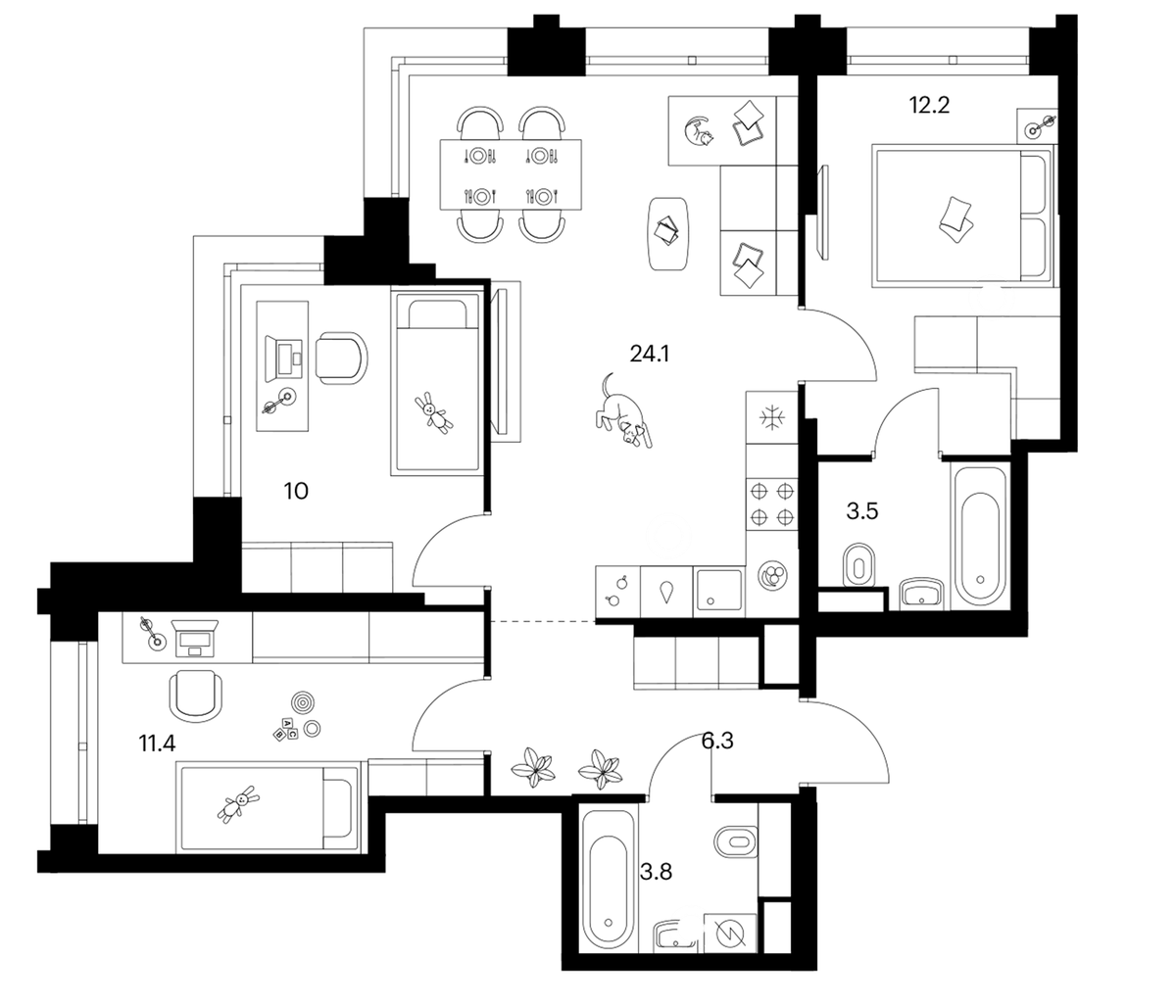 Планировка трёхкомнатная 71.3 м² в ЖК «Строгино 360», корпус 1.2